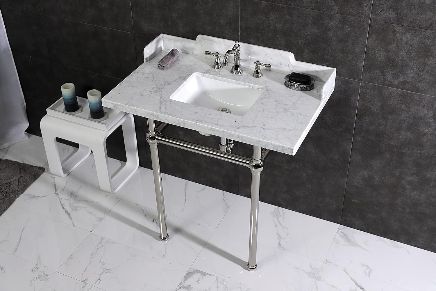 Kingston Brass LMS36MBSQ6 Pemberton 36" Carrara Marble Console Sink with Brass Legs, Marble White/Polished Nickel