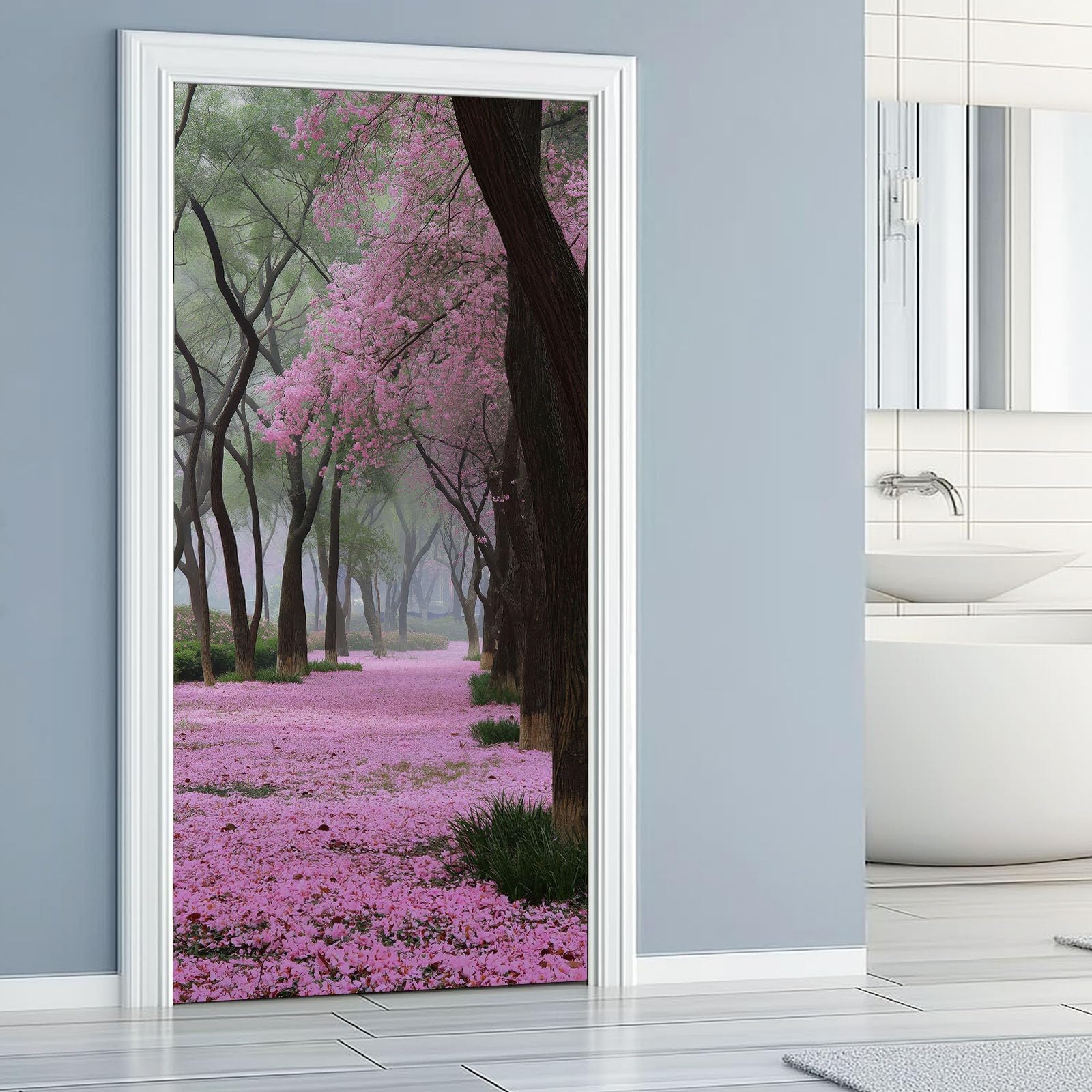 Sticker Mural Porte 90 x 200 cm Paysage Naturel mural décoration - PVC Auto-Adhésif Romantique Bois Chemin Fleurs Roses Papier Peint Porte pour Cuisine Salon Chambre Salle de Bain, Brun Rosé