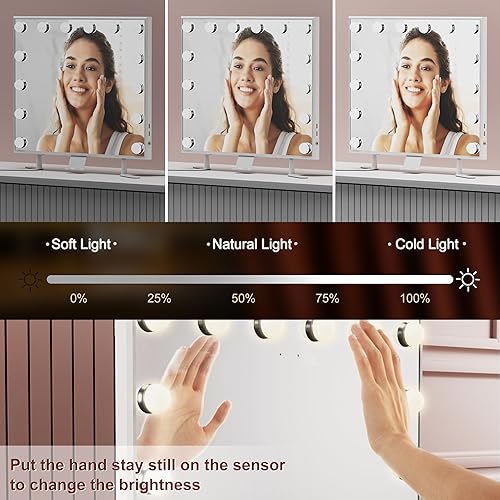 Miniatura 2 de Anbuy Espejo de tocador Hollywood con luces, espejo grande iluminado con 14 bombillas LED, espejo Hollywood con control de inducción inteligente y 3