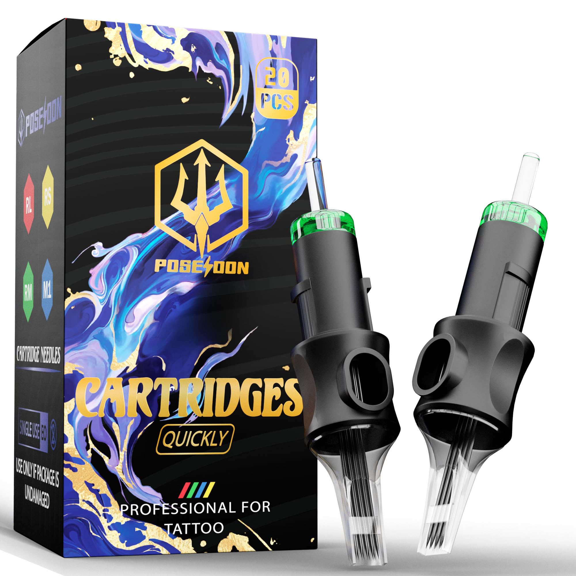 Poseidon Stainless Steel Professional Tattoo Needle Cartridges - Pack Of 20 15Rm Round Magnum (No. 12), With Ink Flow Membrane, Disposable & Suitable For All Tattoo Machines (1215Rm)