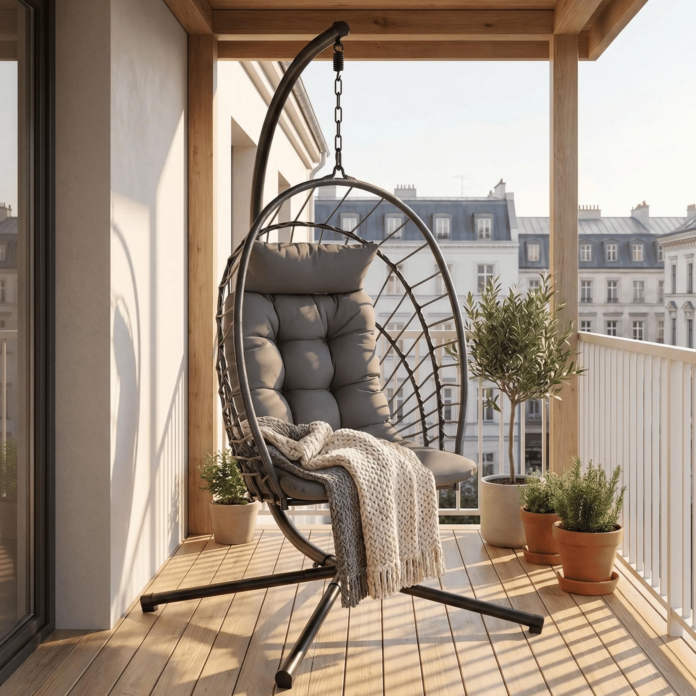 LIFERUN Silla colgante con estructura, silla plegable con cojín, silla de ocio para interior y exterior, columpio para adultos y niños, para jardín, terraza, balcón, salón, soporta hasta 160 kg (gris)