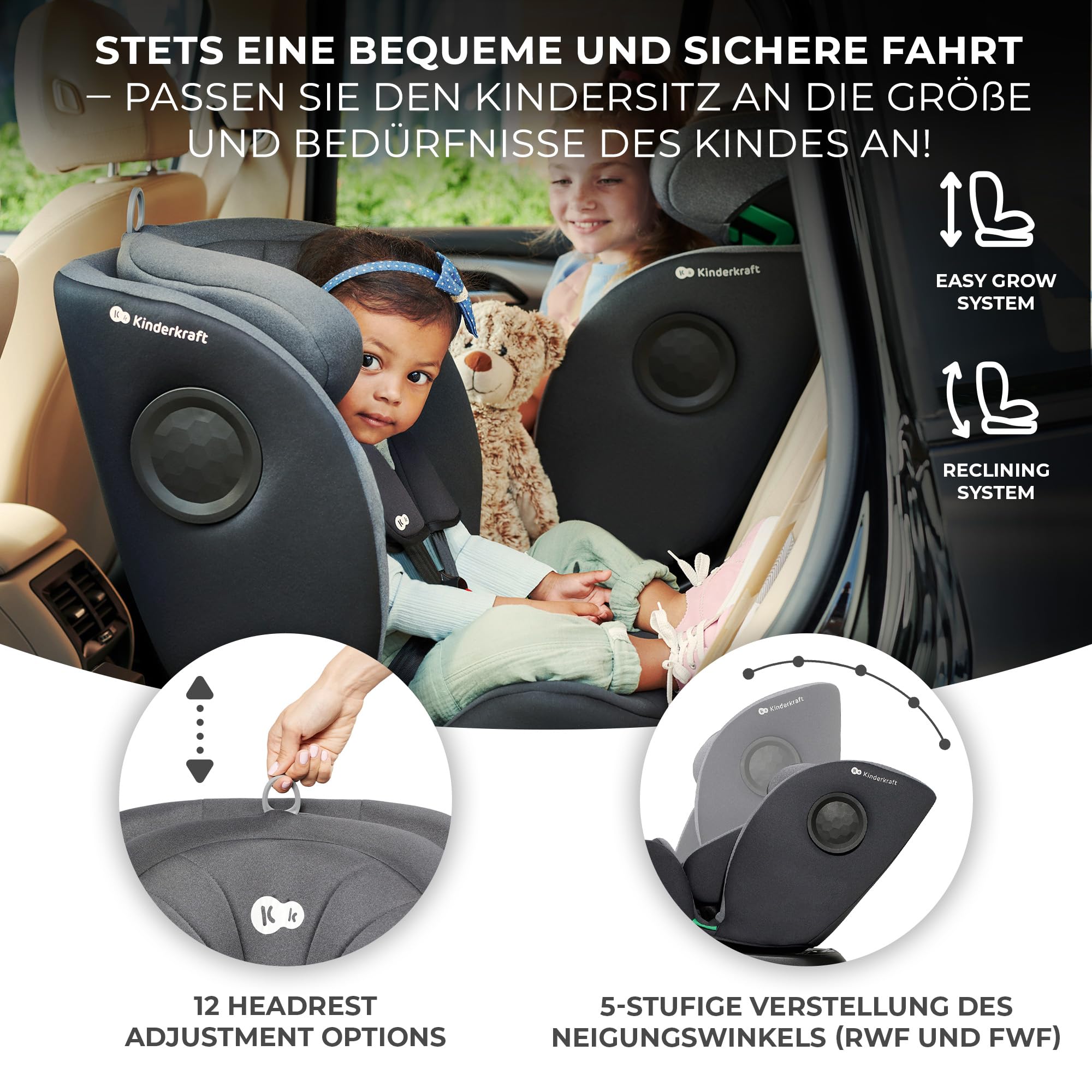Kinderkraft I-360 Kindersitz 0-36 kg, I-SIZE 40-150 cm, Reboarder 360 grad drehbar, Kinderautositz mit Isofix station, FWF und RWF, Verstellbare Kopfstütze/Rückenlehne mit Liegeposition, Grau