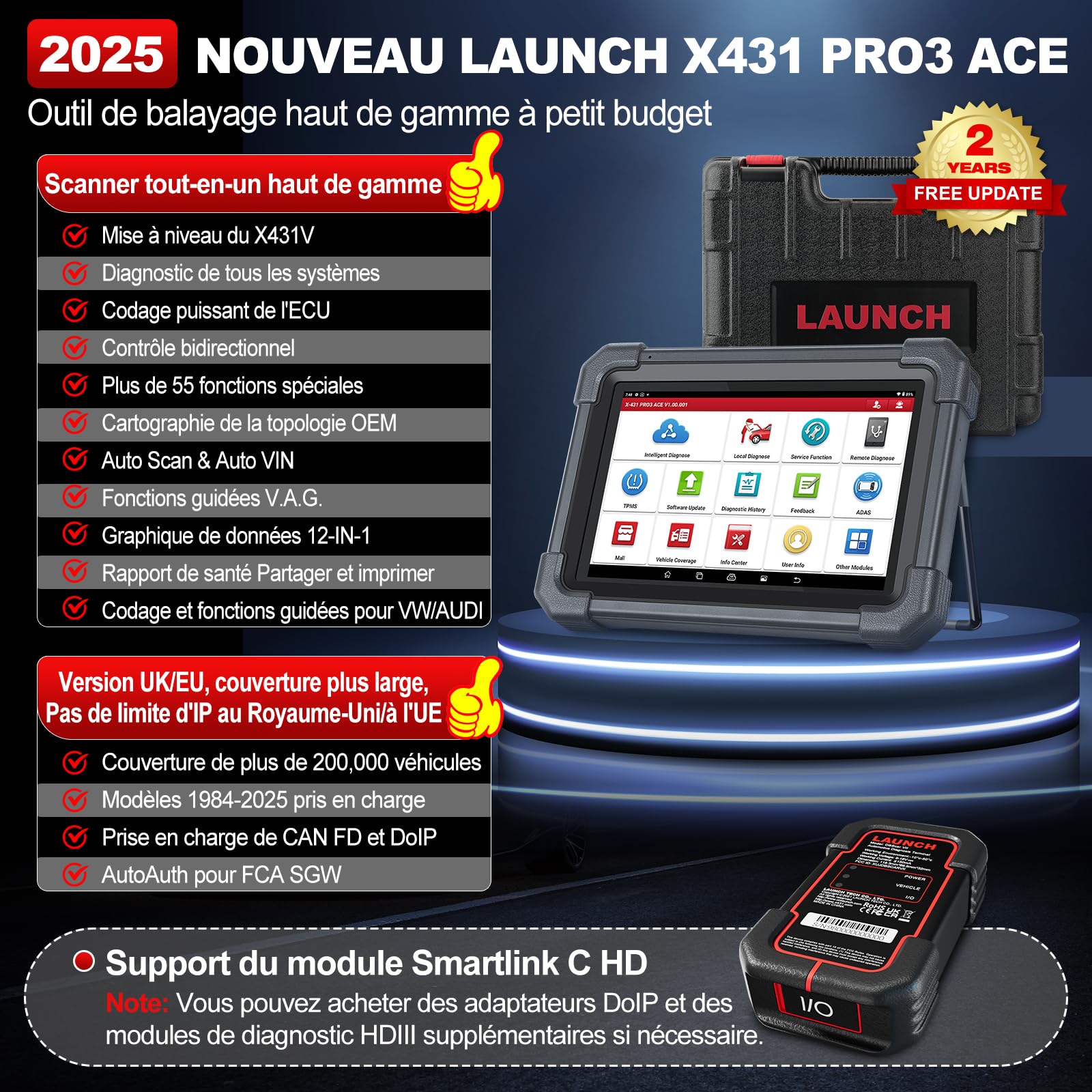 Valise Diagnostic Auto Launch X431 PRO3 ACE + DBScar VII, Can-FD/DoIP