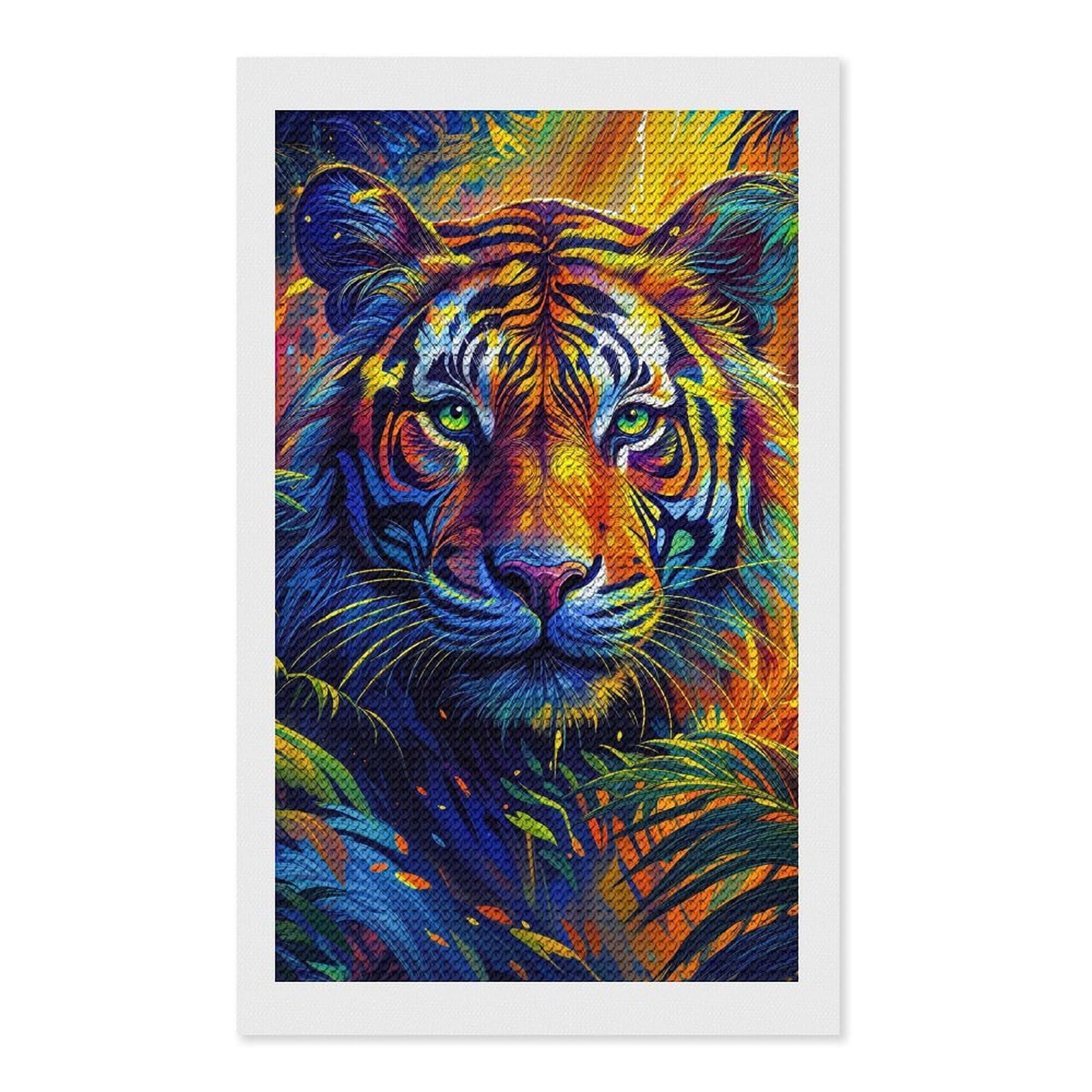 Junmoney Colorful Tiger Portrait in Jungle Diamond Painting Canvas Set 12"x20", with Tool Kit, Easy to Enjoy, Home Wall Decor, Thoughtful Handmade Gift