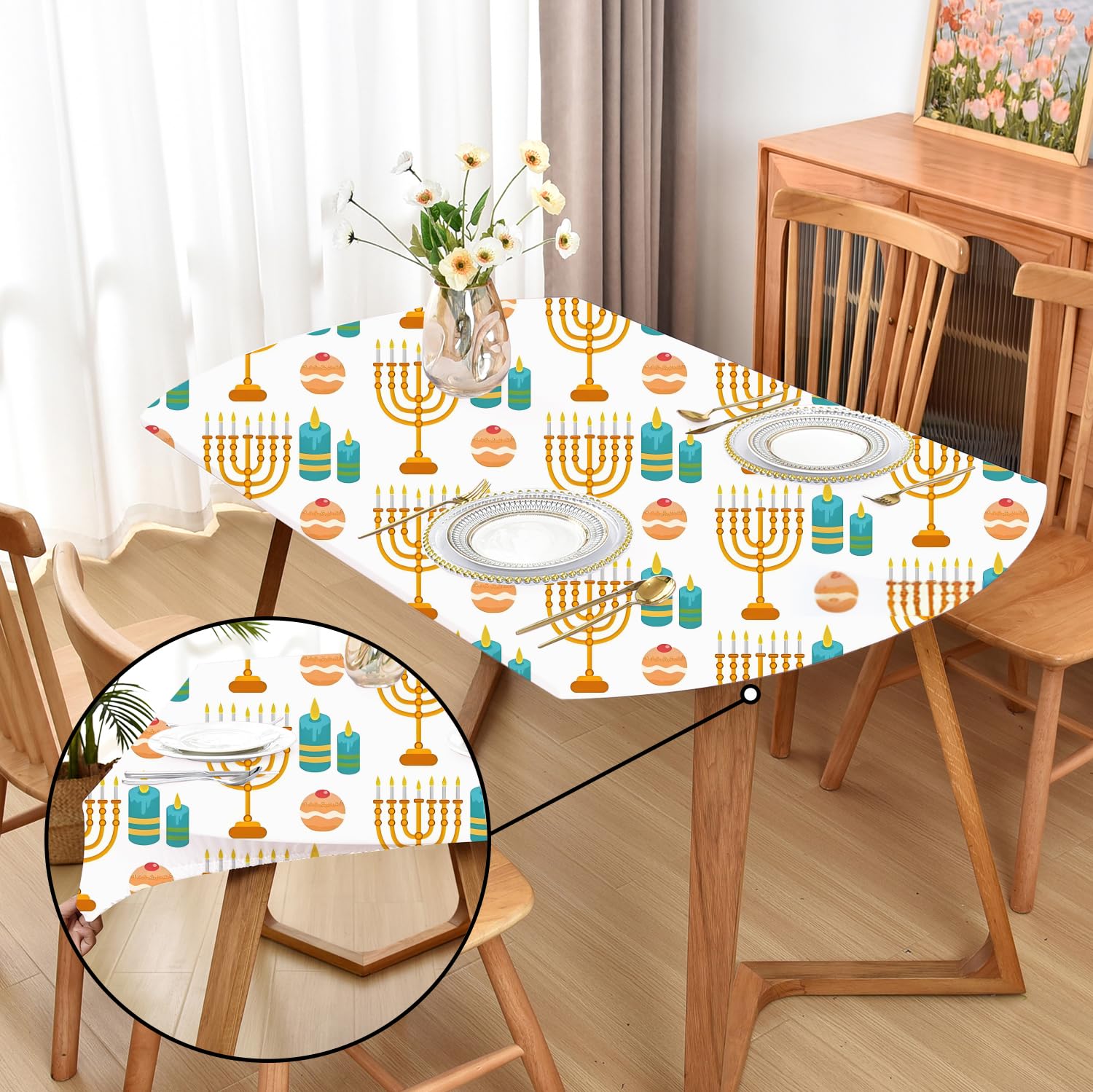 Amonsa Oval Chanukah Tablecloths Fitted Table Cover with Elastic:Washable Stretchy Spandex Fabric Dining Table Cloth Protector Candles and Donuts 42 x 60 Inch — image 1