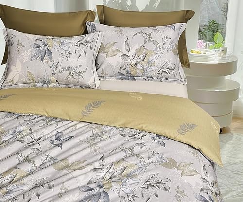 Miniatura 9 de SLEEPBELLA Edredón tamaño Queen 600 hilos de algodón dorado y azul estampado bohemio en blanco reversible beige juego de ropa de cama alternativo de