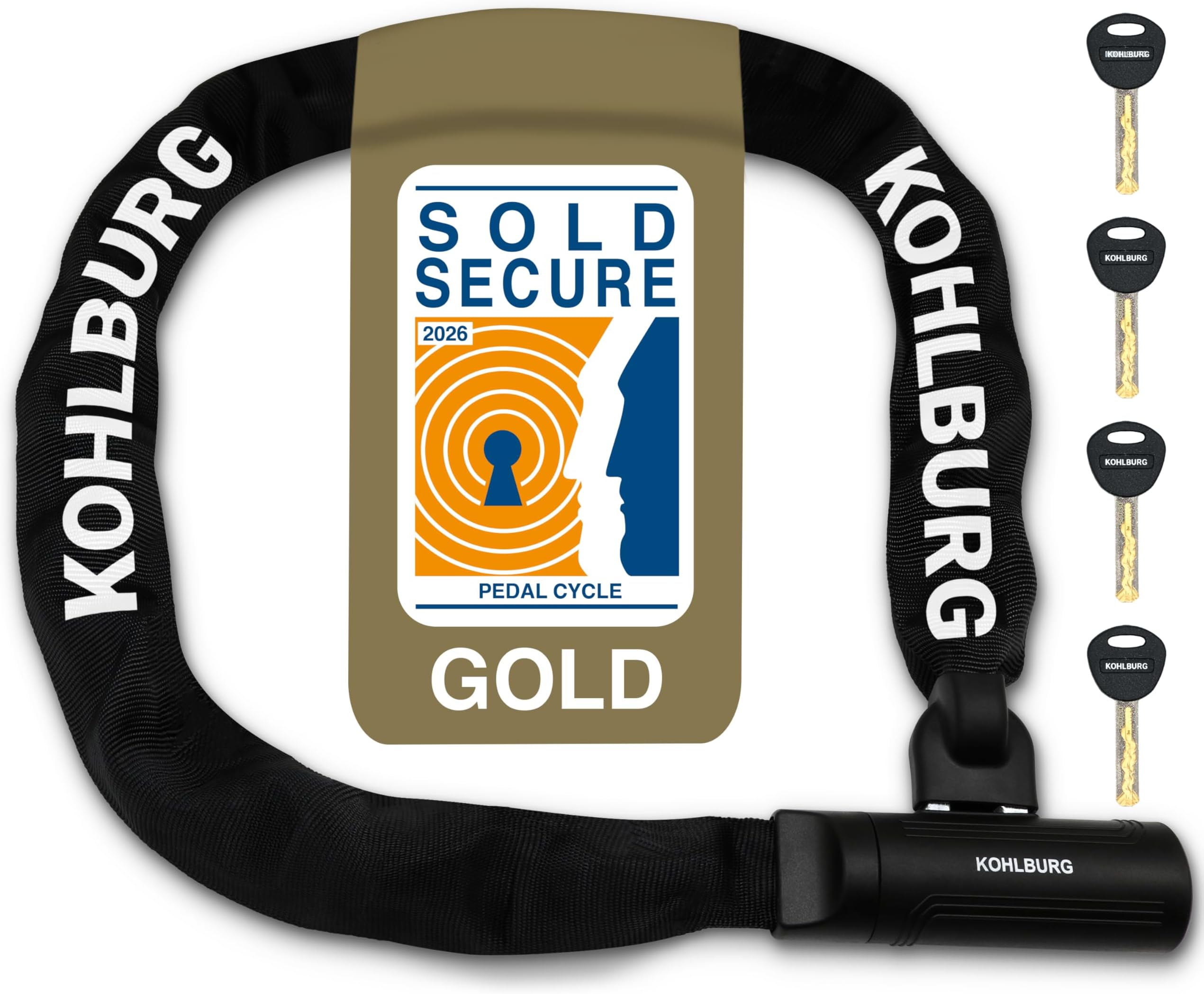 KOHLBURG Security Chain Lock Sold Secure Gold - 4ft / 125cm Extra-Long Bicycle Lock - high Security Standard - Heavy Duty Lock 0.33" Strong - Secure Bike Chain Lock for e-Bike Bicycle Motorbike