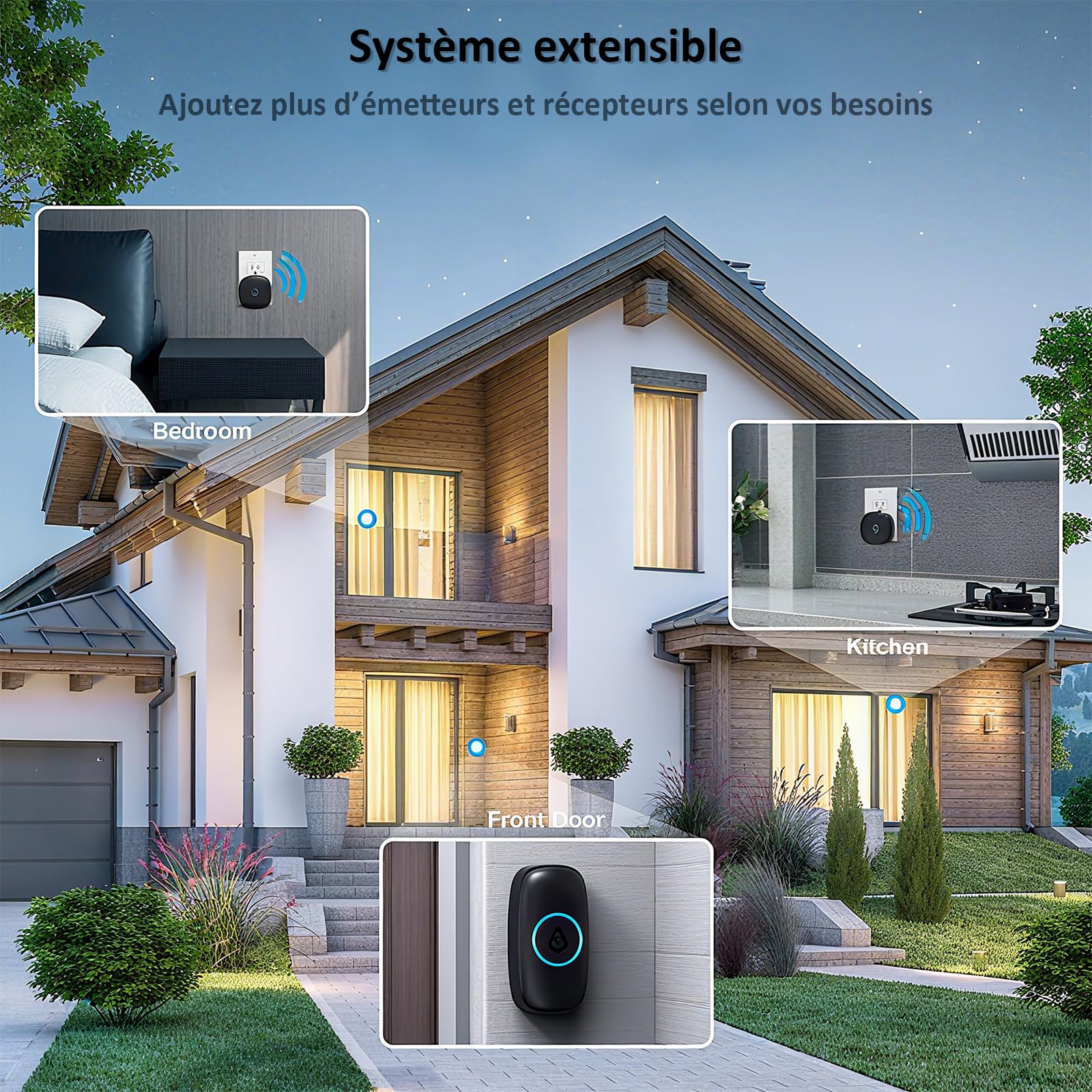 SECRUI Sonnette Sans Fil Exterieur Etanche, Doorbell Avec 2 Récepteurs + 1 Émetteur À Pile, 58 Mélodies Carillon, 5 Niveaux Volume 120 dB, LED, 300m Longue Portée Sonette Pour Maison,Appartement, Noir