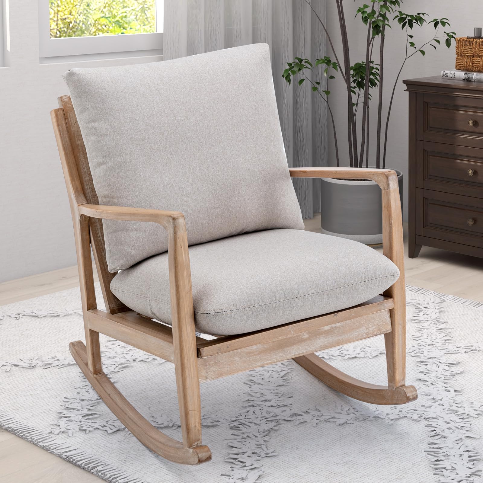 Bonzy Home Mid Century Modern Rocking Chair Nursery Indoor, Comfy Glider Rocker Armchair for Living Room Bedroom, Beige
