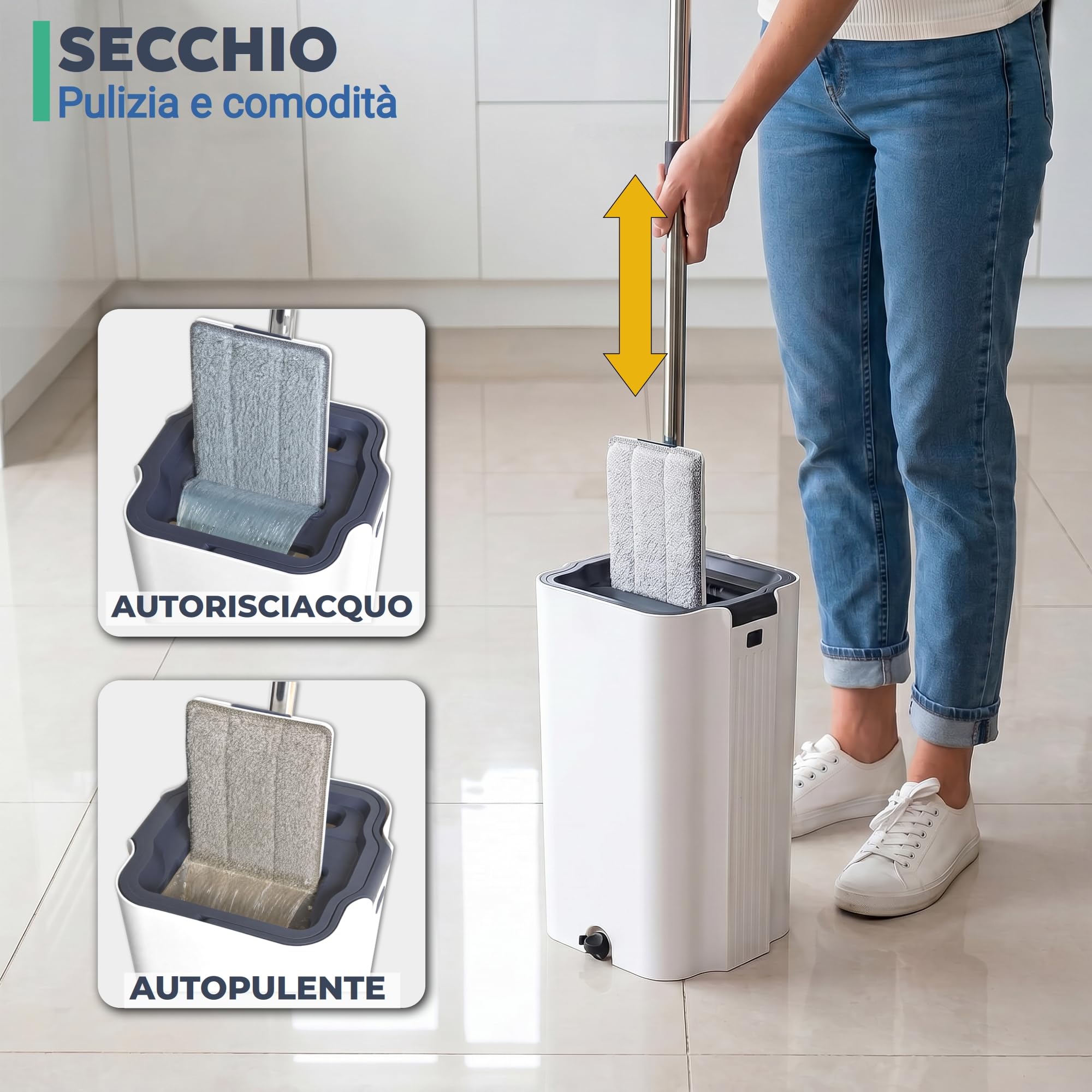 Set di mocio piatto e secchio, lavapavimenti Pure Water System, Separazione Acqua Sporca e Pulita: Ultra Igienico Pulizia Facile, Mocio Piatto Microfibra, Autopulente, Secchio Strizzatore