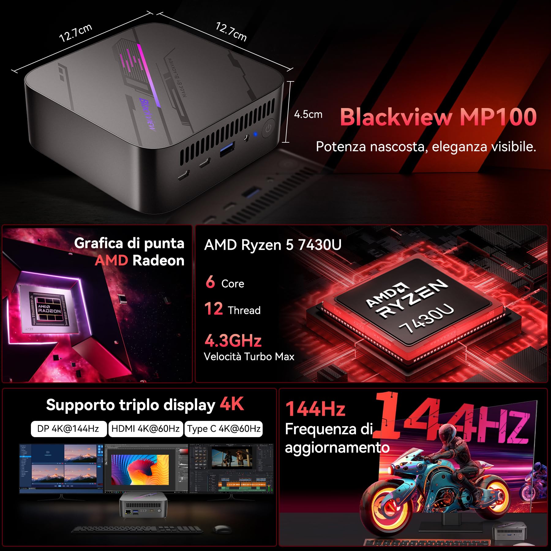 Blackview MP100 Mini PC Ryzen 7430U, 144Hz 4K 3 Display Desktop PC, Radeon Graphics, 16GB RAM 512GB PCIE 3.0, Win 11 Pro, Wi-Fi 6/BT 5.2, 3 anni di garanzia, Mini PC per casa/gioco/ufficio
