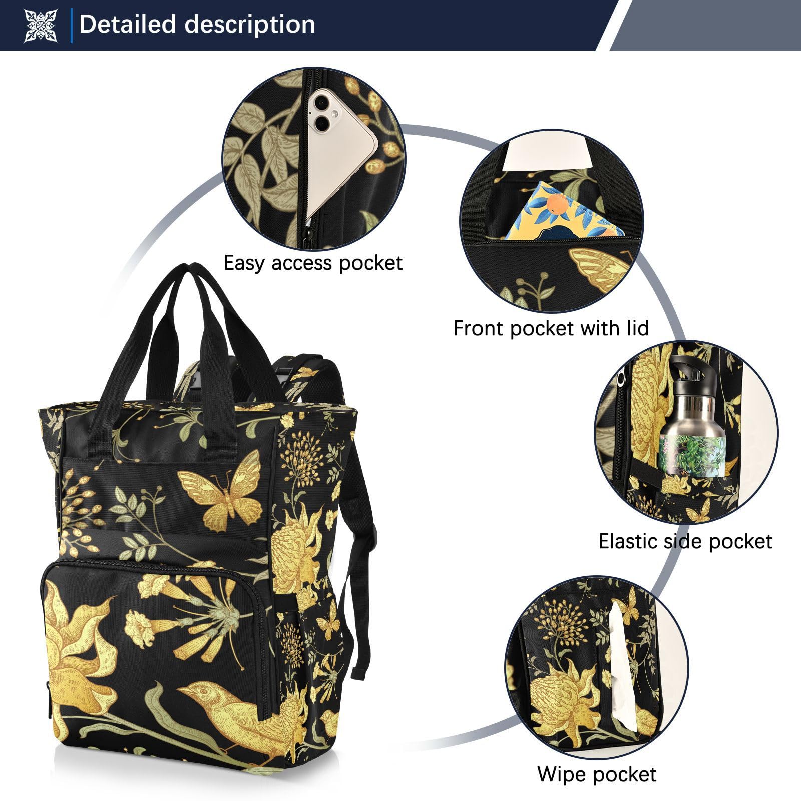 Flores Negras De Arte Mamá Mochilas de Pañales Gran Capacidad Pañal Bolso Mochila para Viajar al Aire Libre