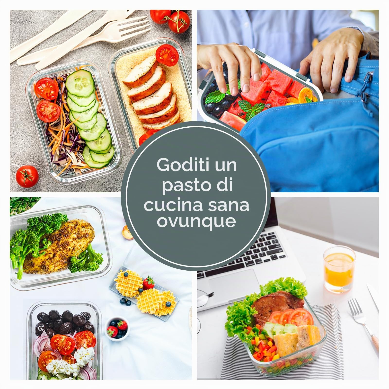 VERONES 10 scatole di vetro per il pranzo, contenitore impilabile in vetro per alimenti con coperchio, senza BPA, adatto a microonde, forno, frigorifero e lavastoviglie, grigio