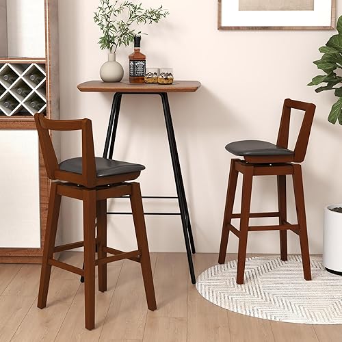 Miniatura 9 de COSTWAY Taburete de bar, taburete tapizado giratorio de piel sintética de 26 pulgadas con respaldo hueco y asiento acolchado, patas de madera de
