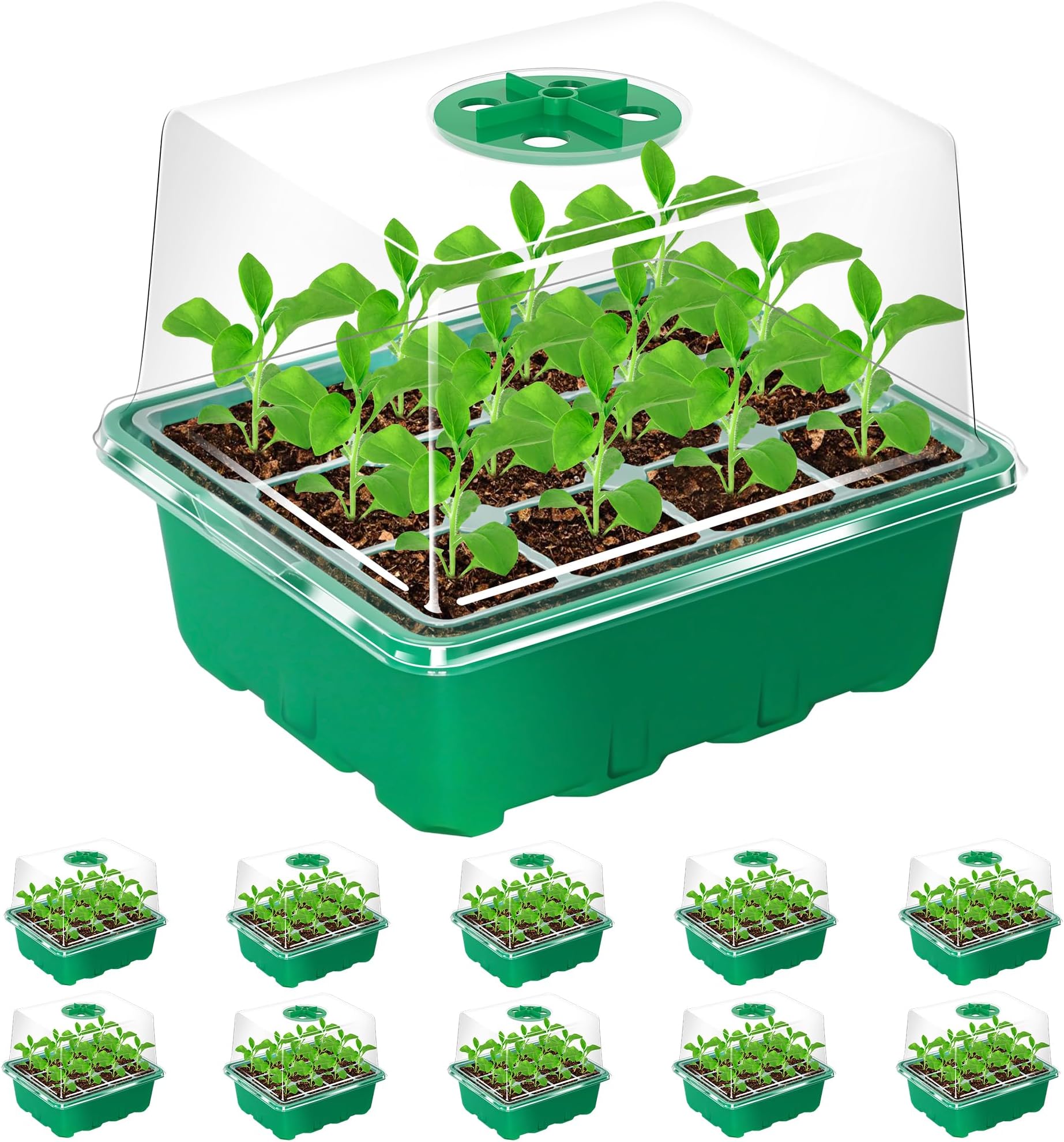 Bonviee 10 Packs Seed Starter Tray with Elevated Lid, 120 Cells Thicken Seed Starting Trays Kit with Adjustable Humidity Vent, Clear Cell Tray and Heightened Lids for Greenhouse & Gardens, Green