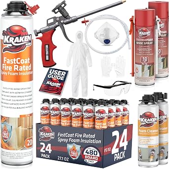 Kraken Bond Fastcoat Fire Rated Spray Foam Insulation Closed Cell in a Can 480 sq ft 24x27.1 oz. R-Value 11.32 / 2in - Spray Foam for Garage Door, Attic, Wall Gun & Cleaner Included, 24 Pack
