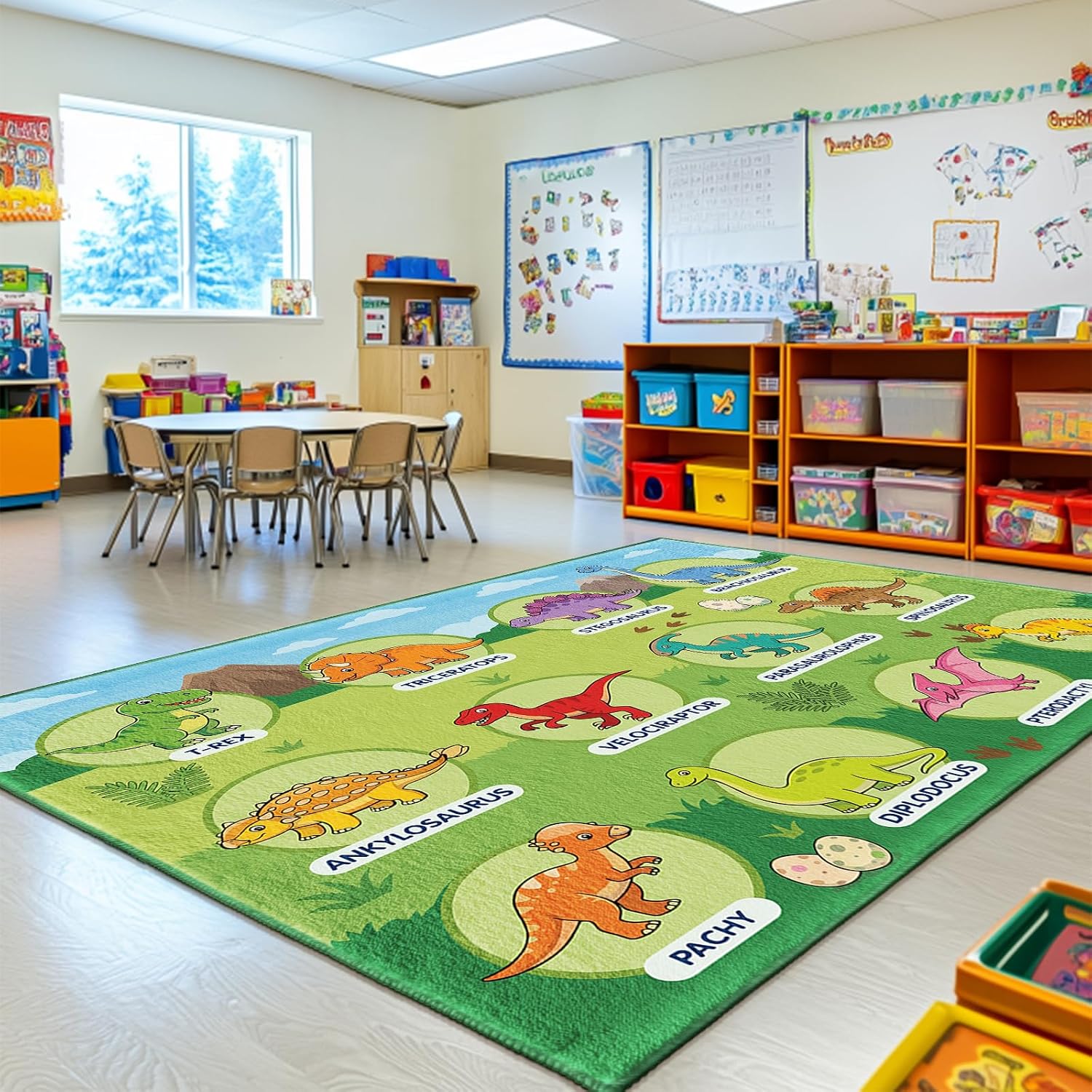 ALALAL Dinosaur Rug for Boys Room, 12 Seats Dinosaurs Play Mat for Classroom - Soft & Non-Slip 5x7 Feet Dinosaur Play Rugs for Kids Bedroom Playroom Preschool