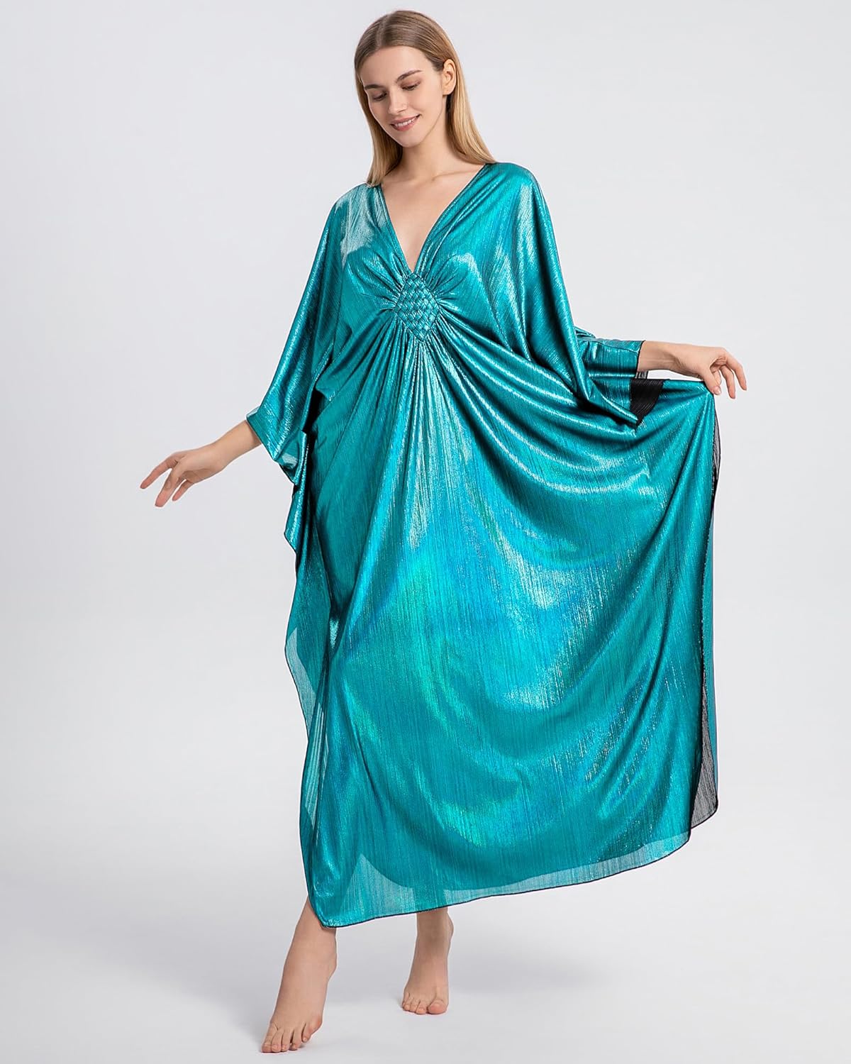 Bsubseach Kaftan Dresses for Women Sparkly Glitter Batwing Sleeve Kaftan Cover Up Beach Maxi Dress Loungewear - Image 3