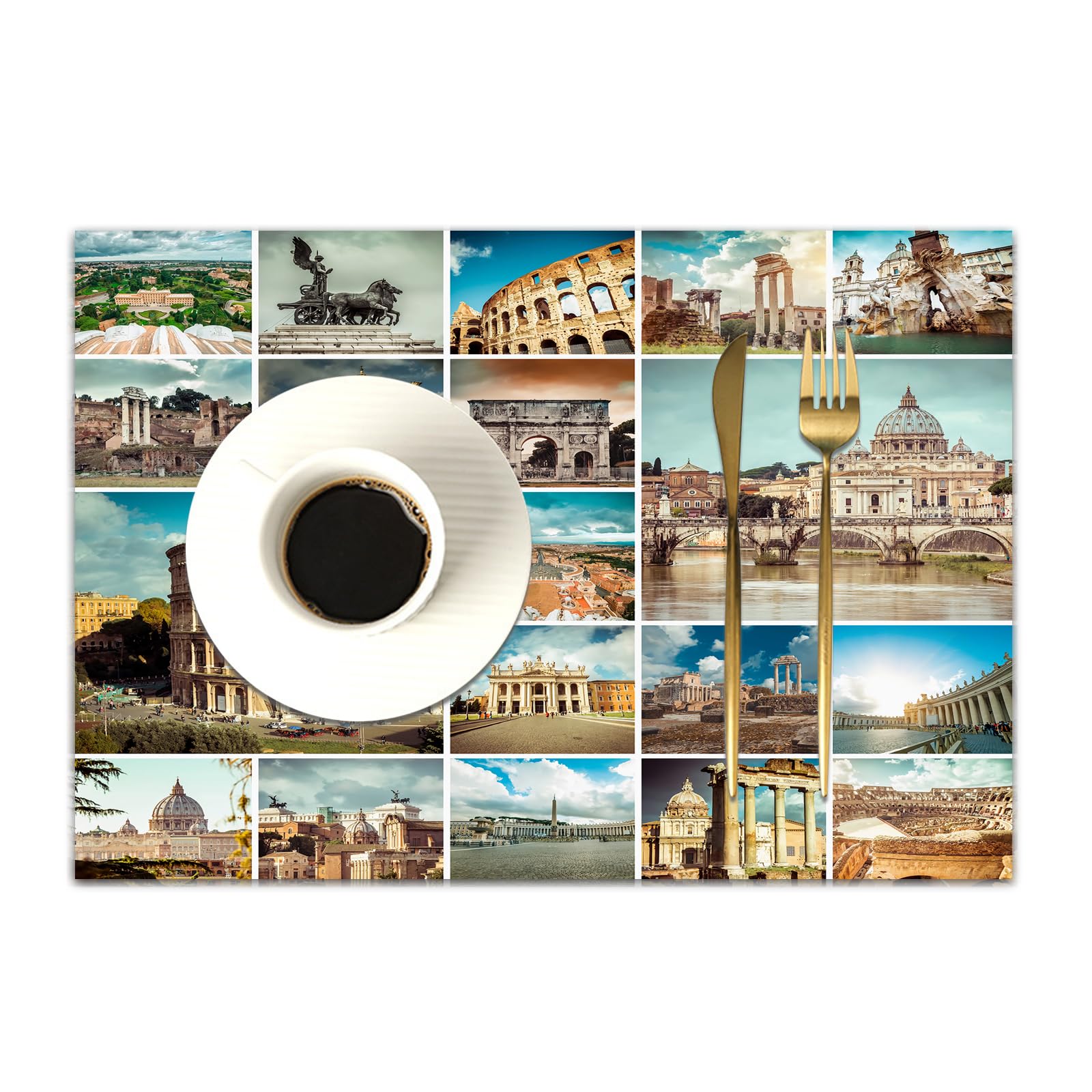 DASNK Table Mats Set of 4 Woven Vinyl Place Mats for Dinner Table Washable & Durable Indoor/Outdoor Use Table Accessories,Collage of photos from Rome.,12x18in