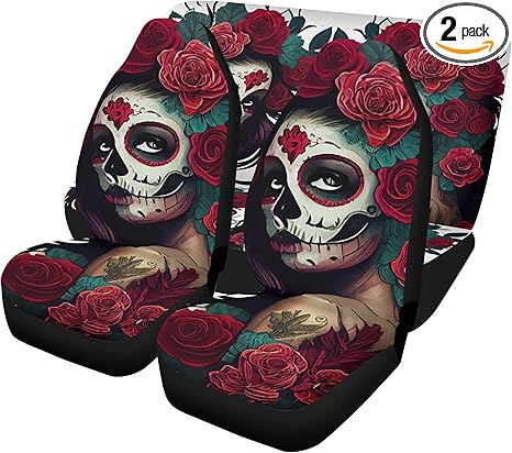 Sugar Skull Car Seat Covers and Floor Mats – Día de Los Muertos Mexican Calaveras Design, Colorful Candy Skull Hooded Seat Protector and Auto Rug Set (2pcs Front seat Covers)
