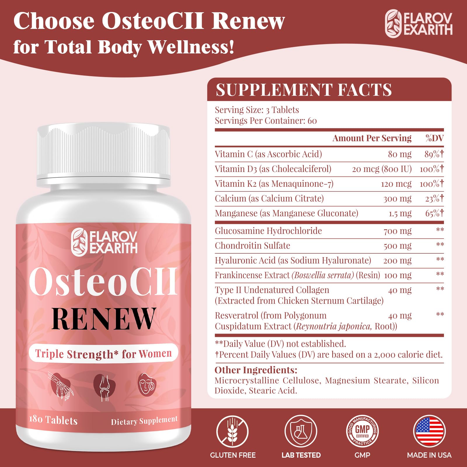 Joint Supplements for Women OsteoCII Renew Triple Strength – Collagen, Glucosamine, Chondroitin, Calcium, MK-7, Vitamin D3, Hyaluronic Acid, 180 Tablets — Amazon image 2