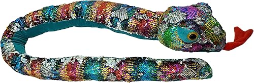 Miniatura 6 de Serpiente de peluche de lentejuelas con diseño de arcoíris, animal de peluche reversible con lentejuelas, gigante de 60 pulgadas de largo