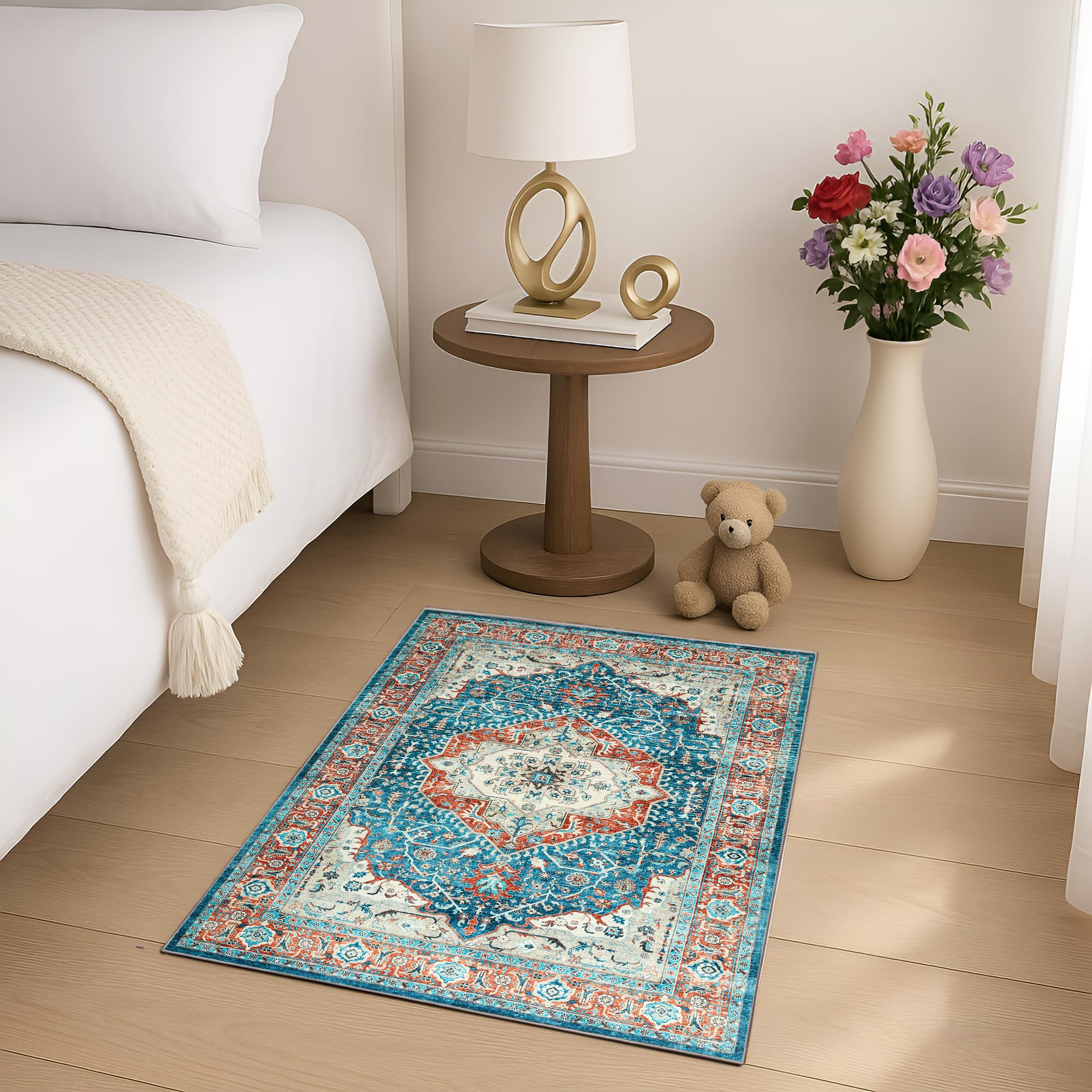 BedLooms Washable Orange Teal Rugs Living Room 80x150 cm Vintage Area Rugs for Bedroom Non Slip Carpet for Kids Room Traditional Boho Rug for Kitchen Dinning Room Lounge (Regal)