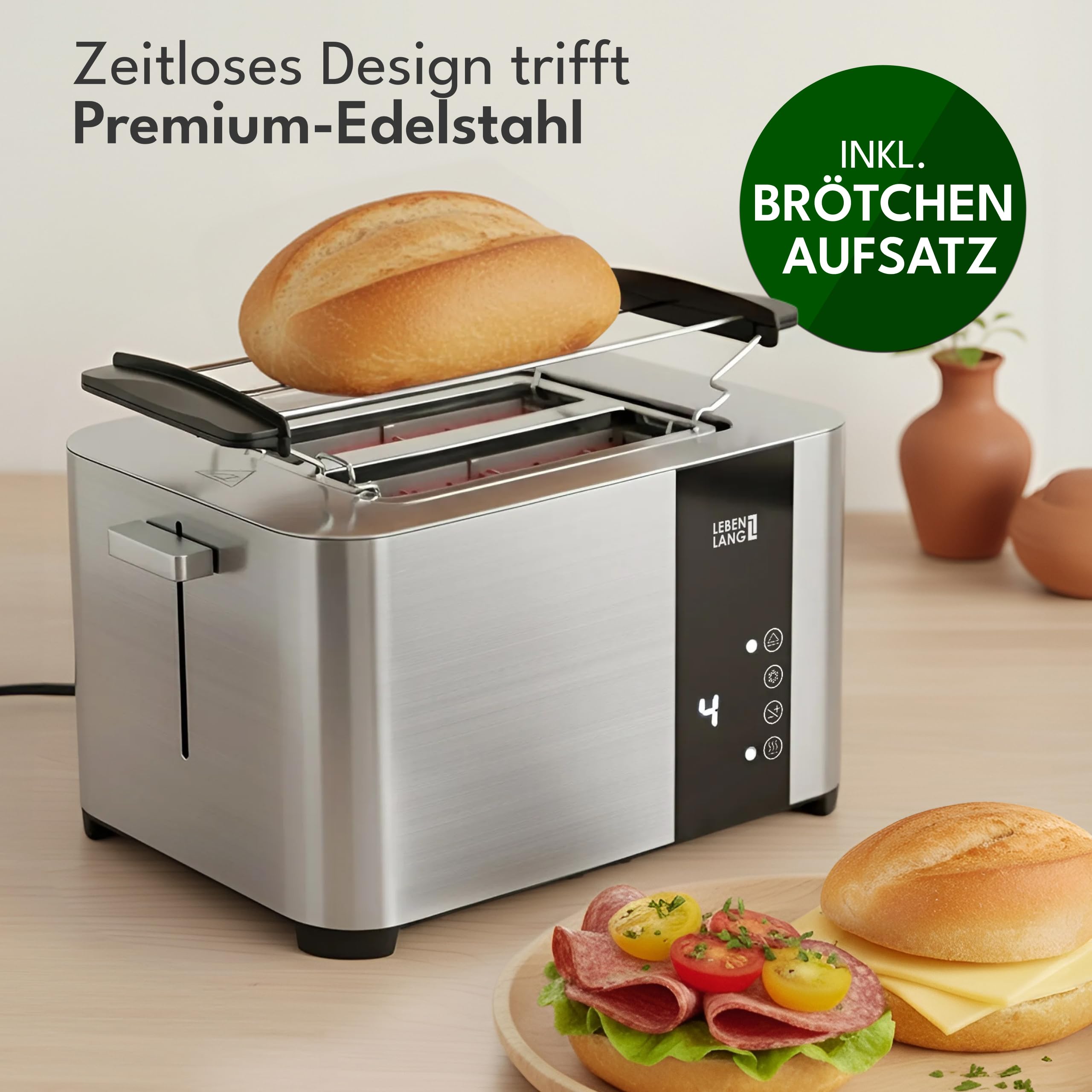 LEBENLANG Edelstahl Toaster mit Brötchenaufsatz 2 Scheiben - Touchscreen LED Display & 7 Stufen I 850W 2er Toster mit Display I Für Küche Haushalt & Camping Campingtoaster I Bread Toasters