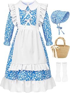5 Pack Colonial Girl Dress Costume Set Pioneer Floral Dress with Apron Bonnet Socks Flower Basket for Historical Play