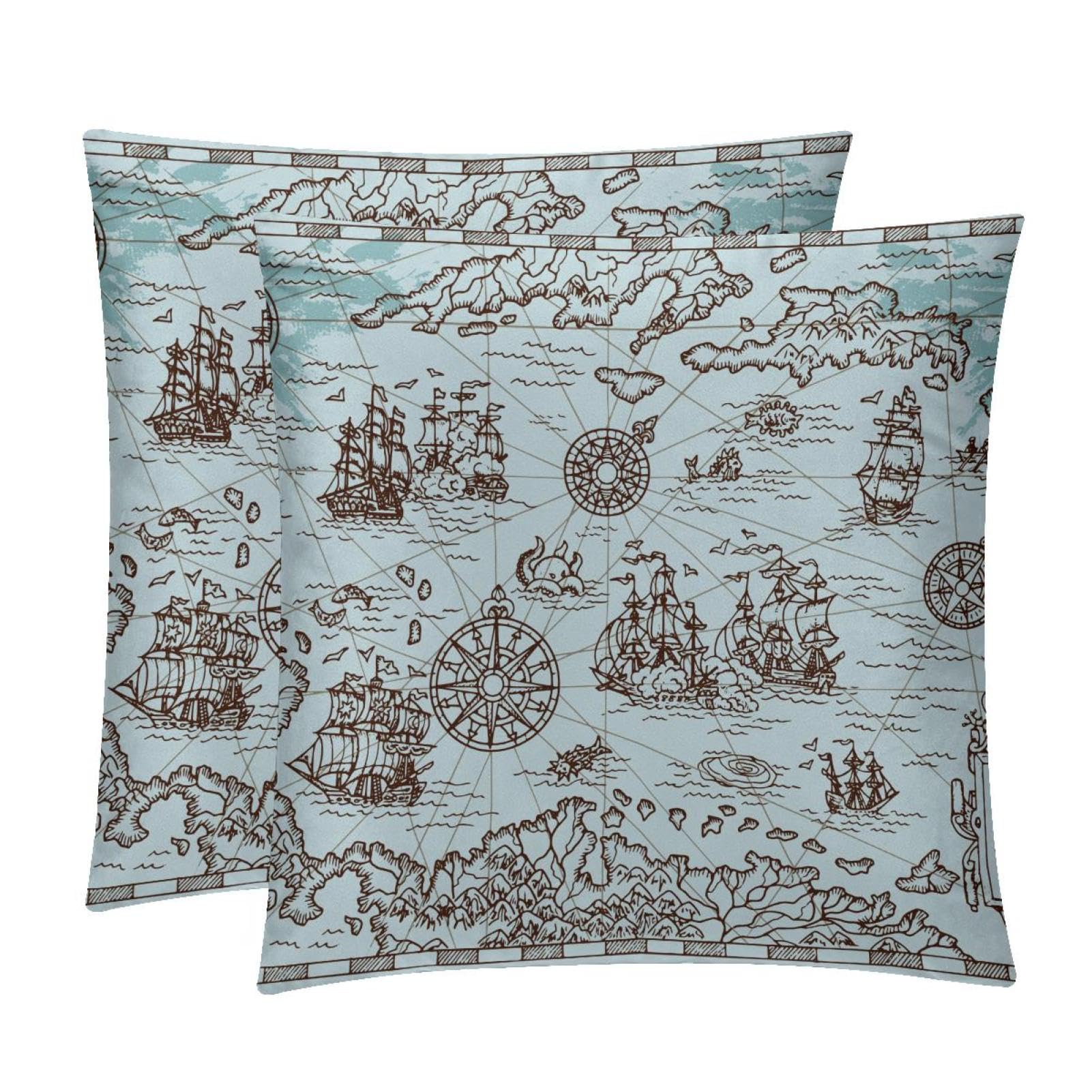 TDGKPZ Vintage Pirate Map Throw Pillow Cases 2 Pack Pillowcases Zipper Cushion Covers For Bedroom Living Room 40x40cm