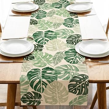 Tropical Monstera Dining Table Runner, Green Leaves Botanical Burlap | Kitchen Decoration, Plant Indoor Outdoor Home Decor Party Supply 13 x 72 Inches