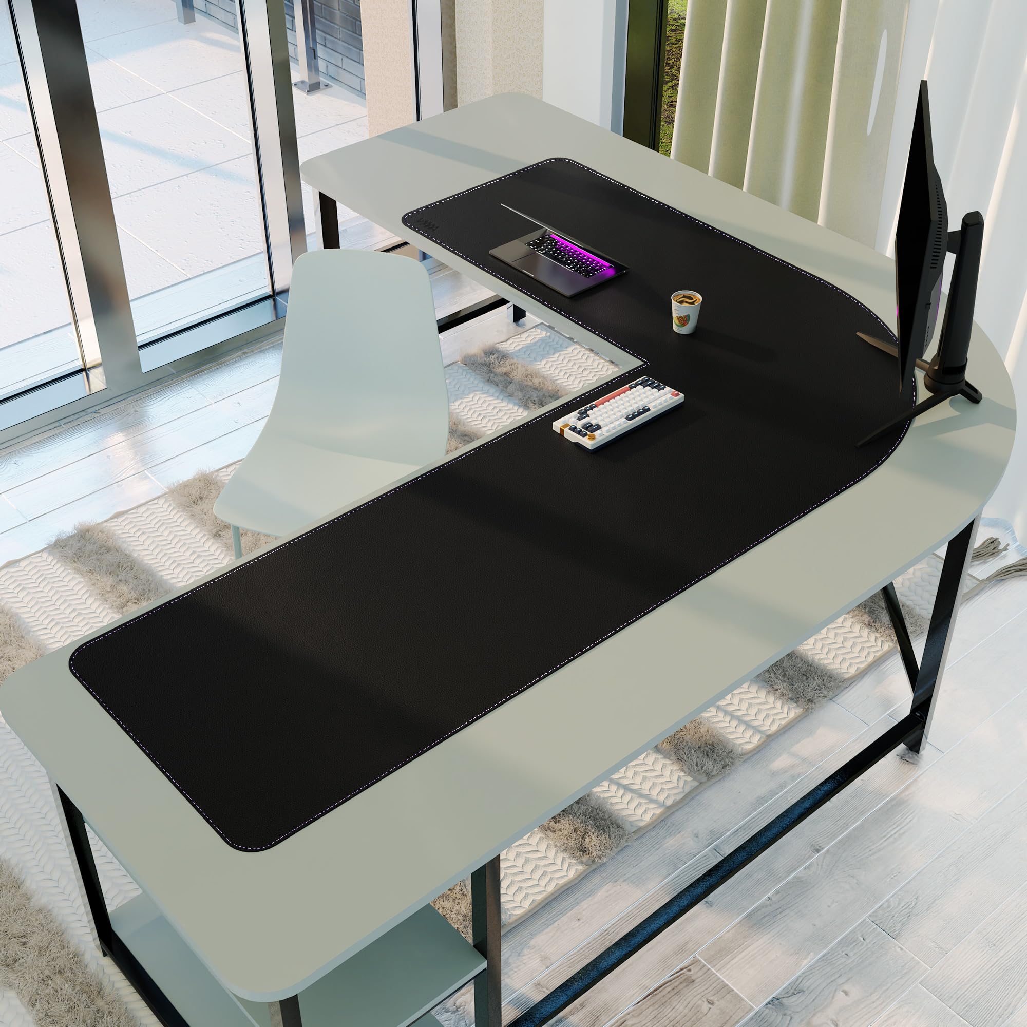 Vyaaa (150+200) x 60cm Tappetino da scrivania in pelle a forma di L (nero), tappetino da scrivania in pelle PU reversibile, tappetino per mouse extra large, adatto per uso domestico o in ufficio