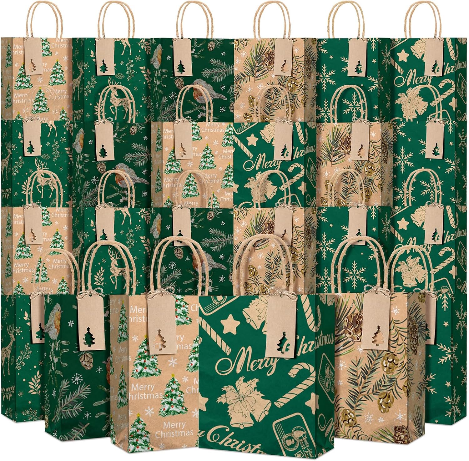 Tinlade 48 Pcs Christmas Kraft Gift Bags with Gift Tags Xmas Paper Treat Bags Bulk with Handles 5.9" x 8.3" x 3.2" Holiday Wrapping Goodie Candy New Year Party Favors Decor Supplies (Rustic Style)