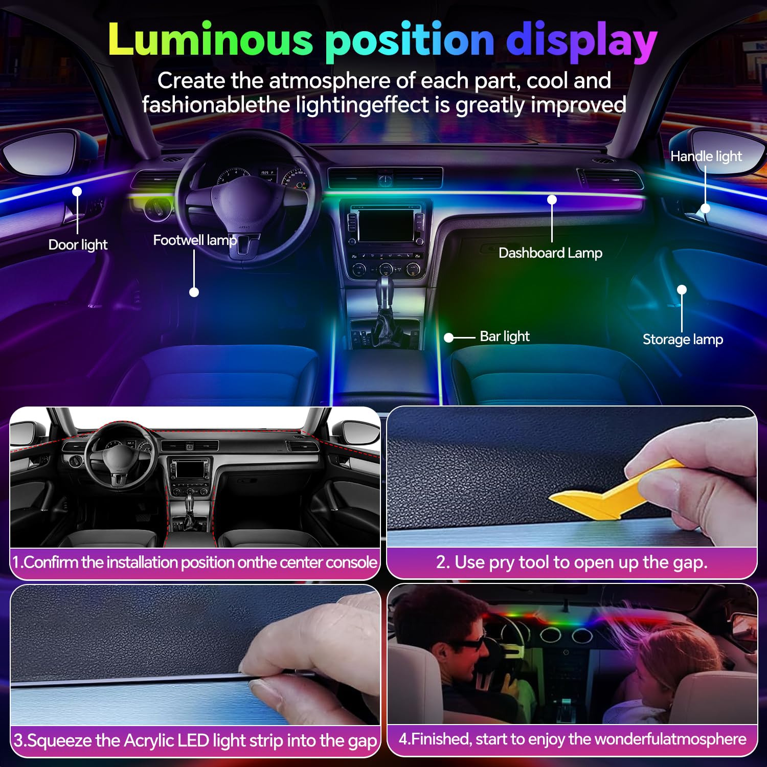 Acryl-Innenraumbeleuchtungsset für Autos,Bphuny 18-in-1 593 LEDs,Glasfaser,mehrere Modi,Dekorations-Atmosphärenlichter mit Musik,dynamischem Regenbogenrhythmus,RGB-Neonlichter für alle Autos