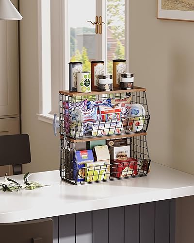 Miniatura 4 de Cesta de frutas de 2 niveles para cocina, cesta de alambre apilable con tapa de madera, cesta colgante con 4 ganchos para colgar plátanos, para