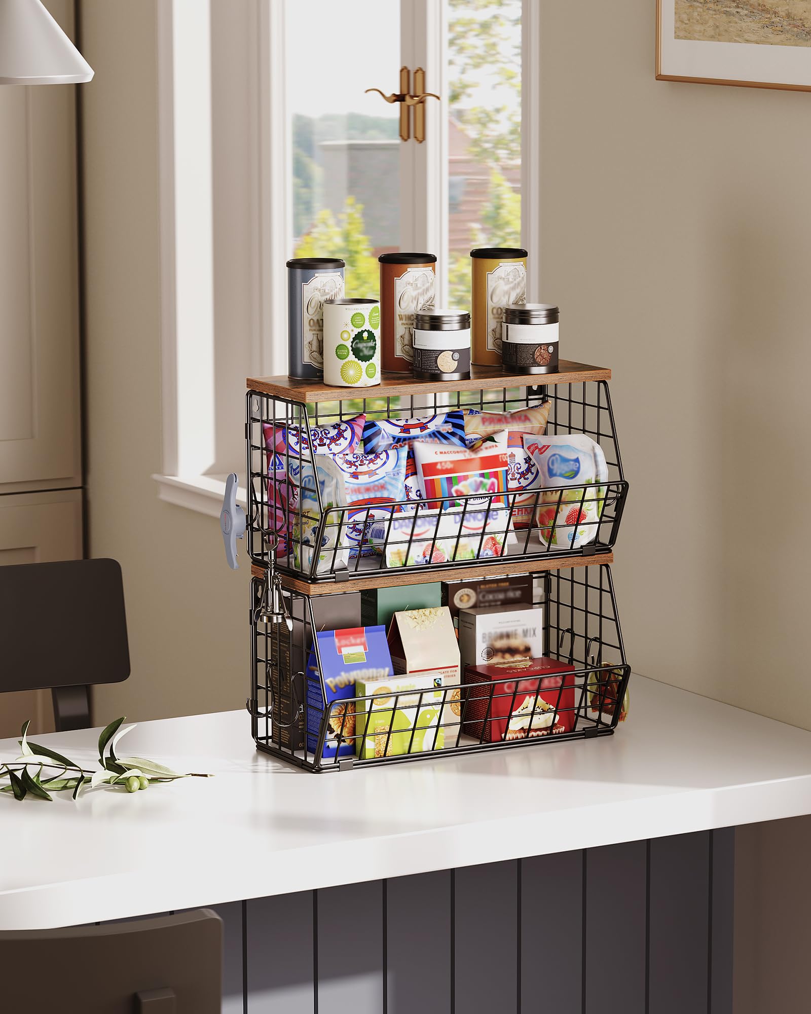 CHOEZON 2-Tier Stackable Fruit Basket With Wooden Lid - Wall Mount Or Countertop Kitchen Organizer For Fruits & Veggies