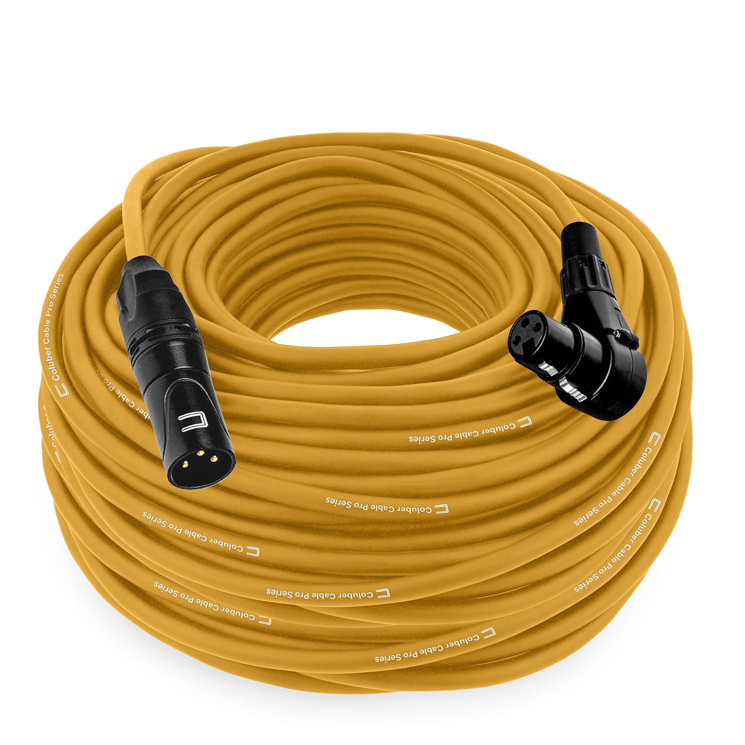 Balanced XLR Cable Male to Right Angle Female - 75 Feet Yellow - Pro 3-Pin Microphone Connector for Powered Speakers, Audio Interface or Mixer for Live Performance & Recording
