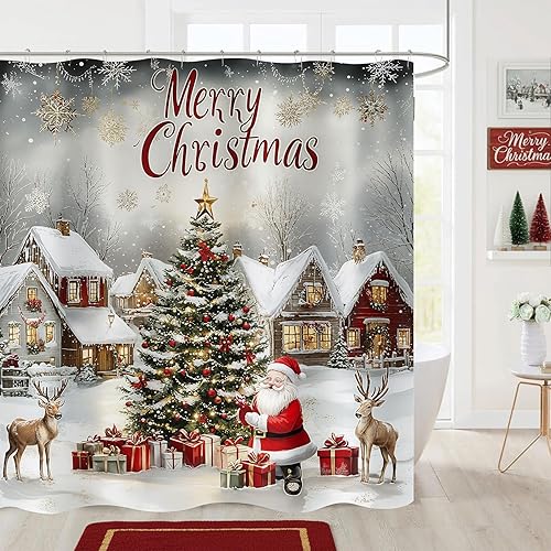 Miniatura 16 de Cortina de ducha Feliz Navidad, Papá Noel, renos, árbol de Navidad, copos de nieve, cortinas de baño impermeables de vacaciones de invierno, tela de