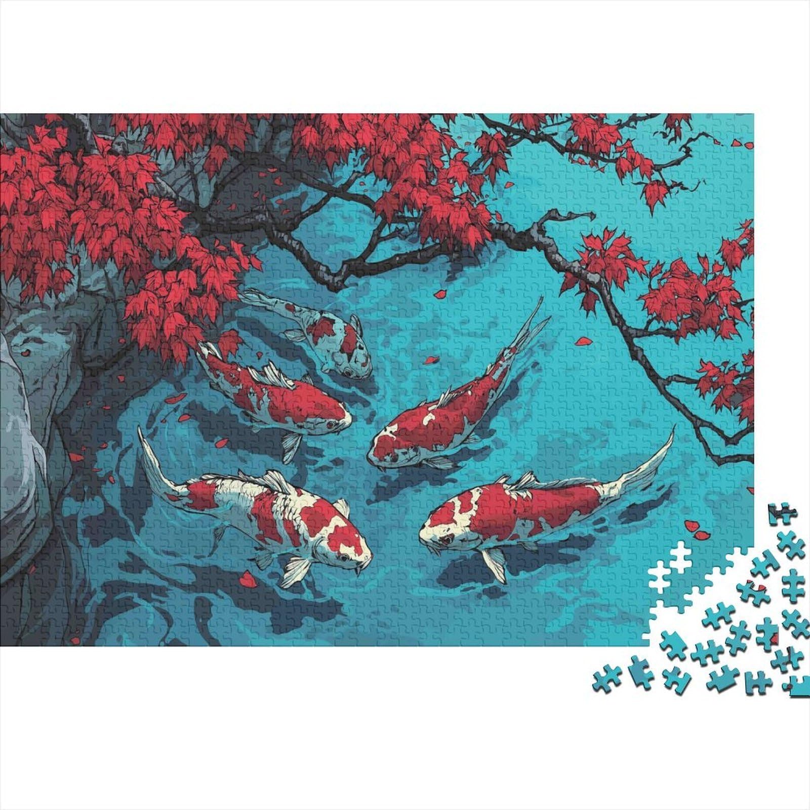 Koi Fish Red Maple Tree 1000 Pieces Paper Jigsaw Puzzle for Adults 38x26cm/1000pcs 38x26cm/1000pcs