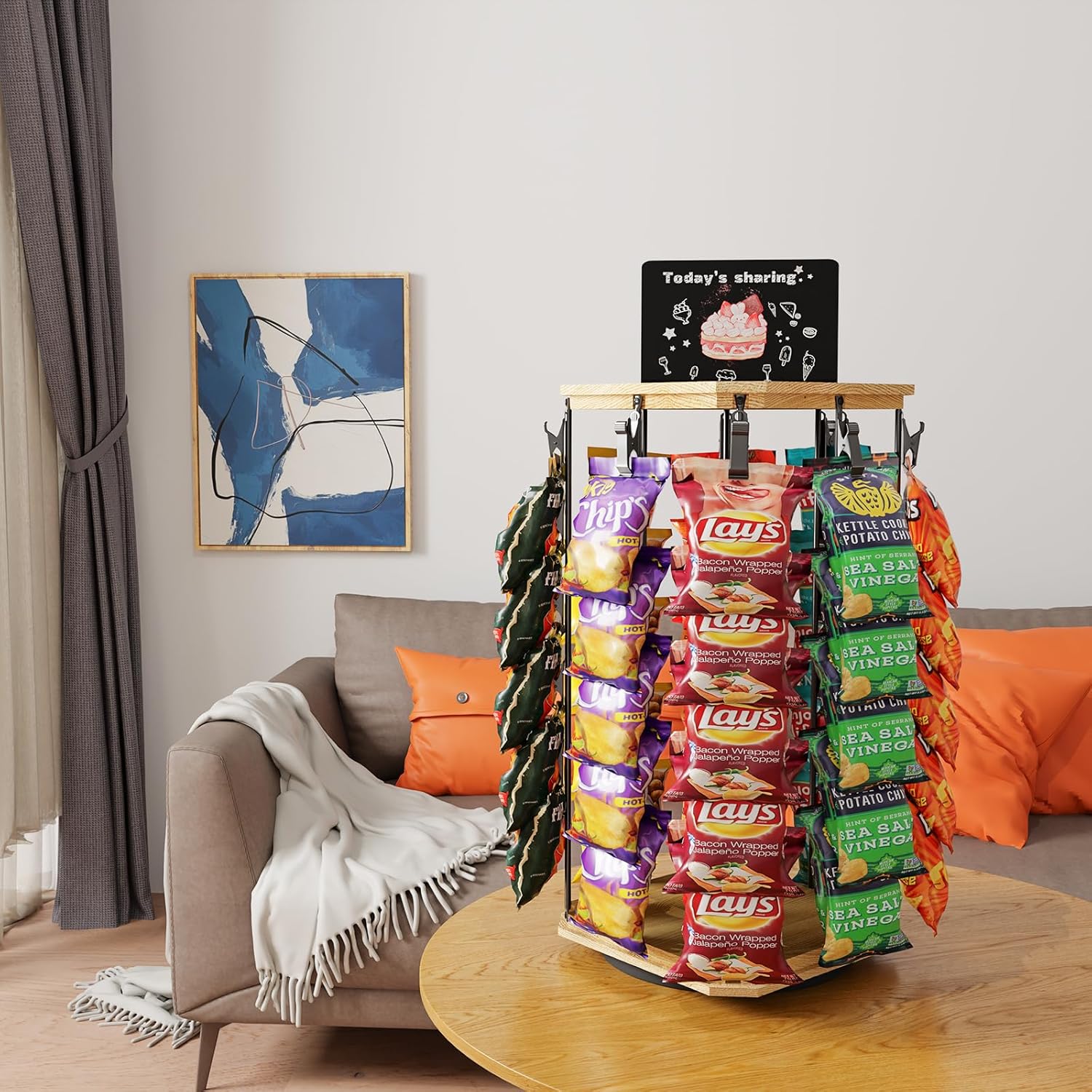 Chip Rack Display Stand, 5 Tiers 40 Clips Snack Organizer, 360°Rotating Wooden Base Chip Display Rack for Concession Stand, Countertop, Snack Stand, Party, With Message Board