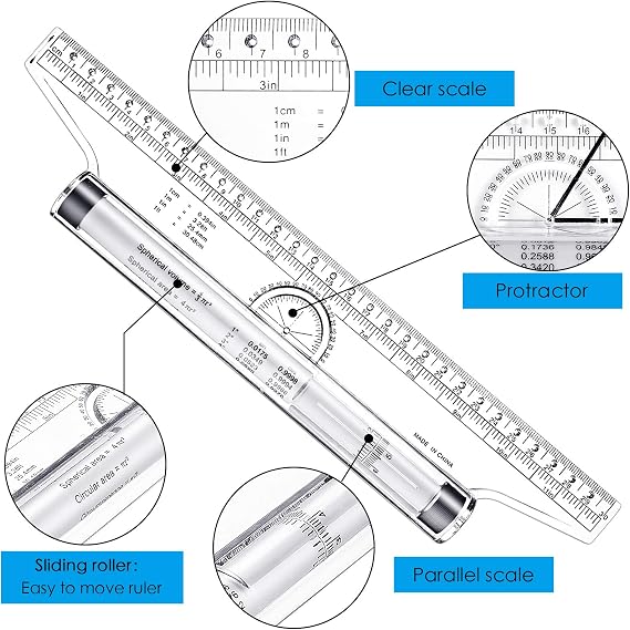 Frienda Rolling Ruler Plastic Parallel Rolling Ruler, Multifunctional Drawing Design for Measuring Drafting Office, 12 Inch