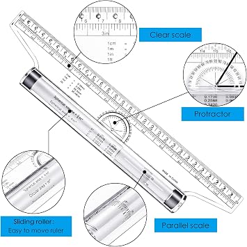 Frienda Rolling Ruler Plastic Parallel Rolling Ruler, Multifunctional Drawing Design for Measuring Drafting Office, 12 Inch