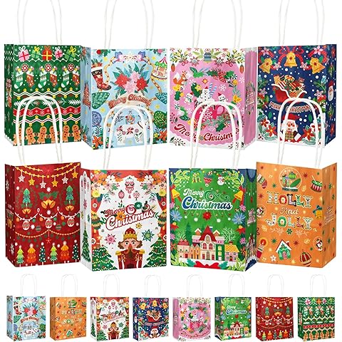 qiqee Christmas Paper Gift Bags with Handles Mini Size - 24Pcs Teacup Bear Design - 4.5