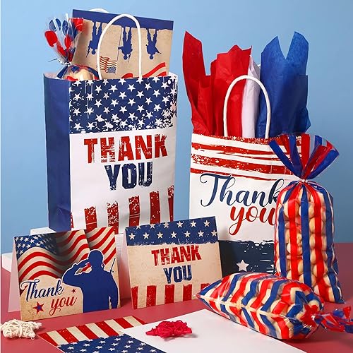 Miniatura 4 de Pasimy 132 piezas de suministros de regalo patrióticos, 24 bolsas de papel para el Día de los Veteranos con papel de seda y asa, 60 bolsas de