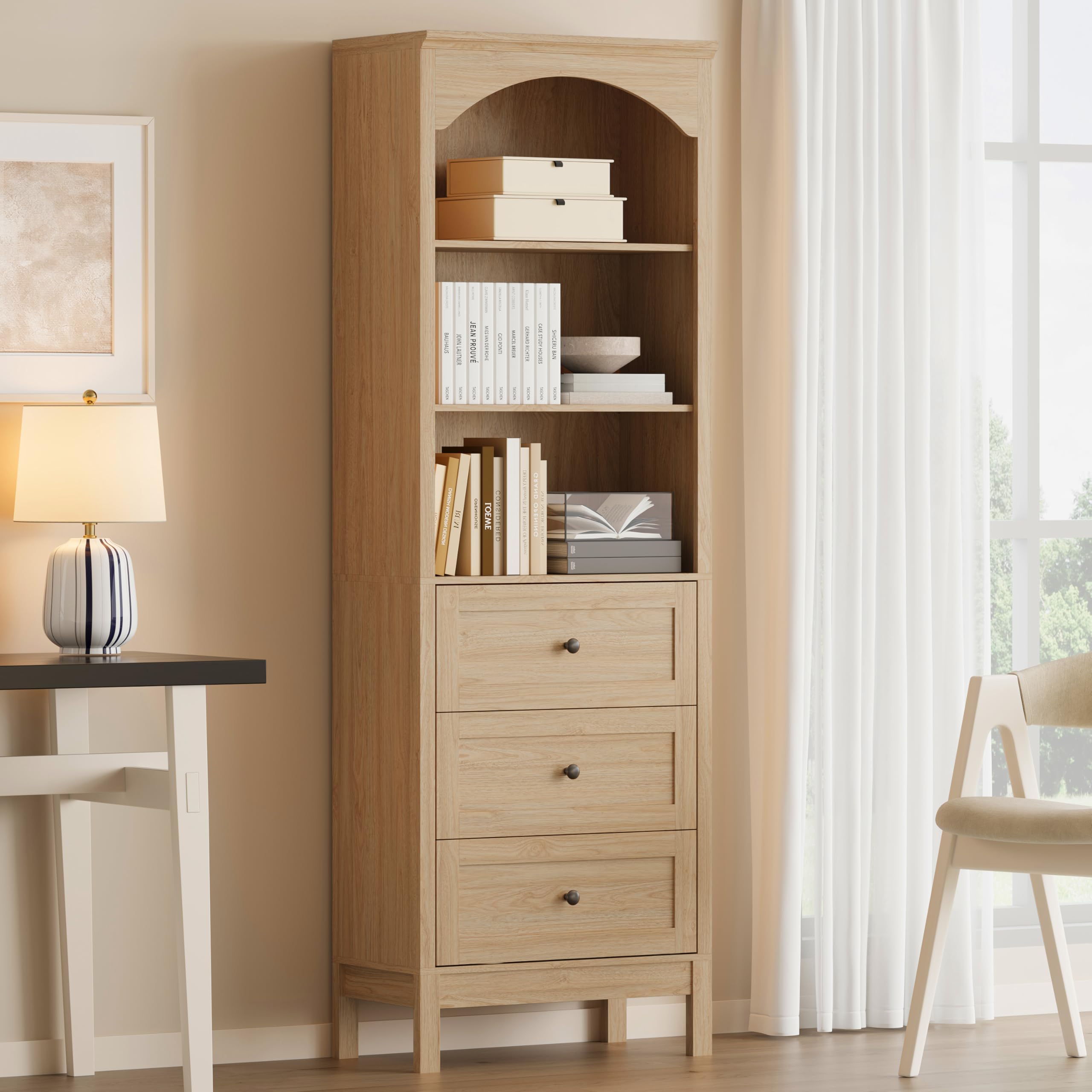 Arched Bookshelf,3 Tier Tall Bookcase with Adjustable Shelves and Drawers