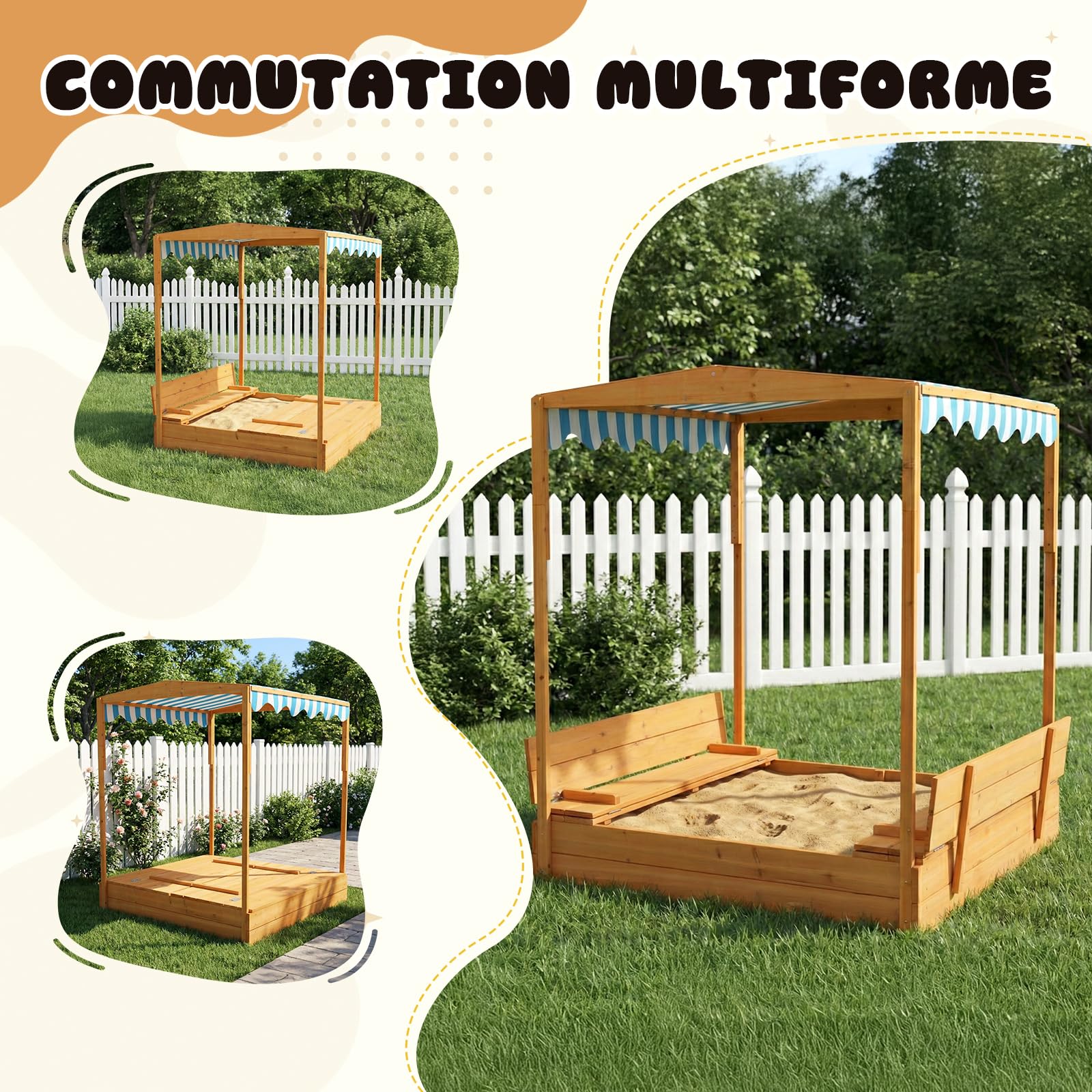 LEADZM Bac à Sable en Bois pour Enfants avec Couvercle Toit et Banc, 118.2 x 113 x 151.5 cm, Grand Bac à Sable Extérieur pour Jardin, Plage, Parc, Cadeau pour Garçons et Filles de 3 à 12 Ans