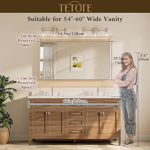 Miniatura 71 de TETOTE Espejo con marco dorado cepillado de 48 x 24 pulgadas, espejo de tocador de baño de latón para pared, moderno espejo rectangular de esquina