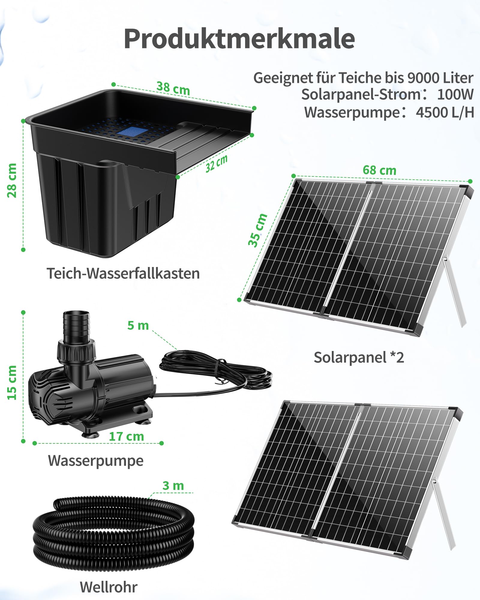 POPOSOAP Cascada Solar para Estanque con Panel Solar de 100W y Bomba de 4500 L/h, Tubo Corrugado de 3m, Material Filtrante, Cascada para Estanque de Jardín Exterior, Arroyos