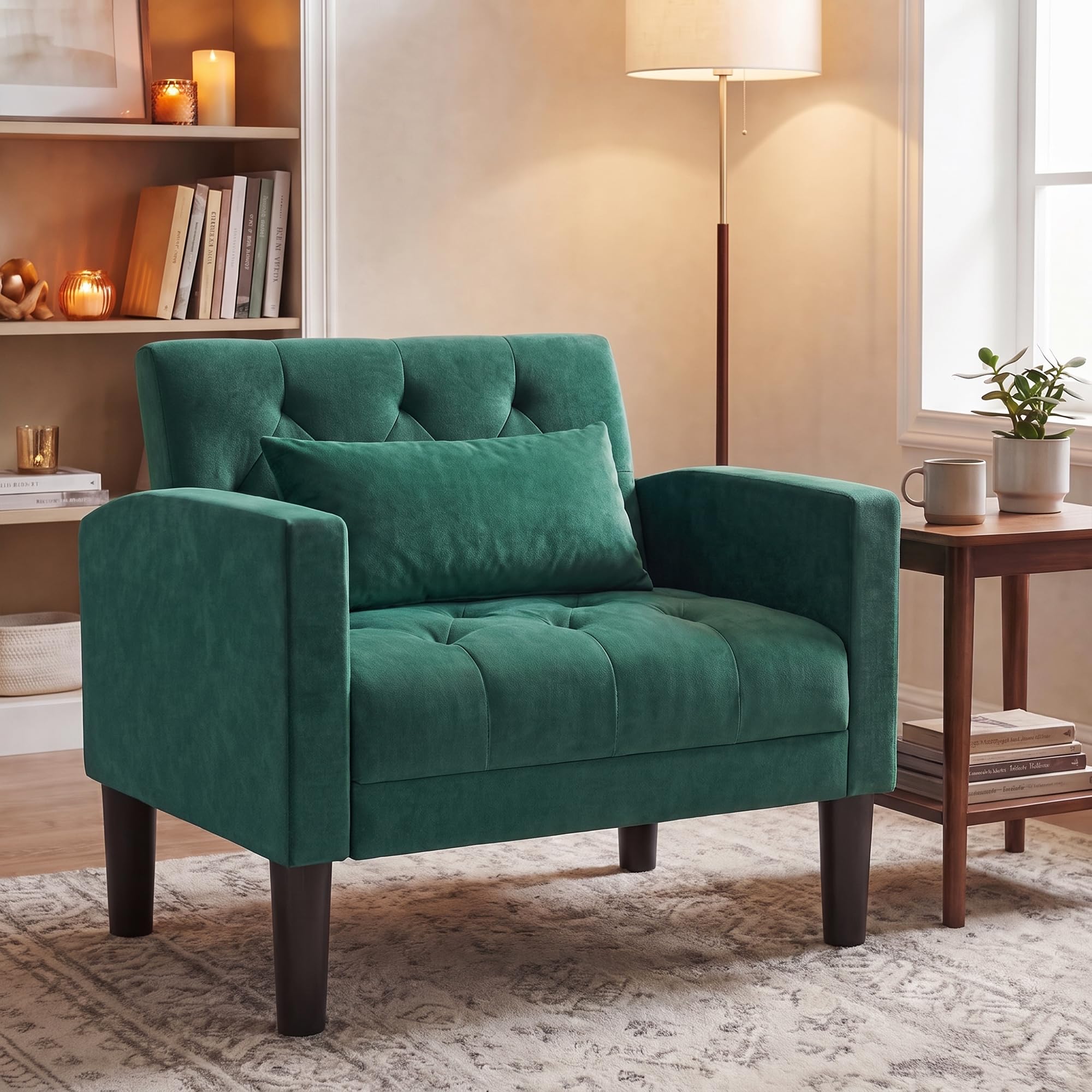 ROCSUMOO Armchair, Velvet Accent Tub Chair with Lumbar Cushion, Green