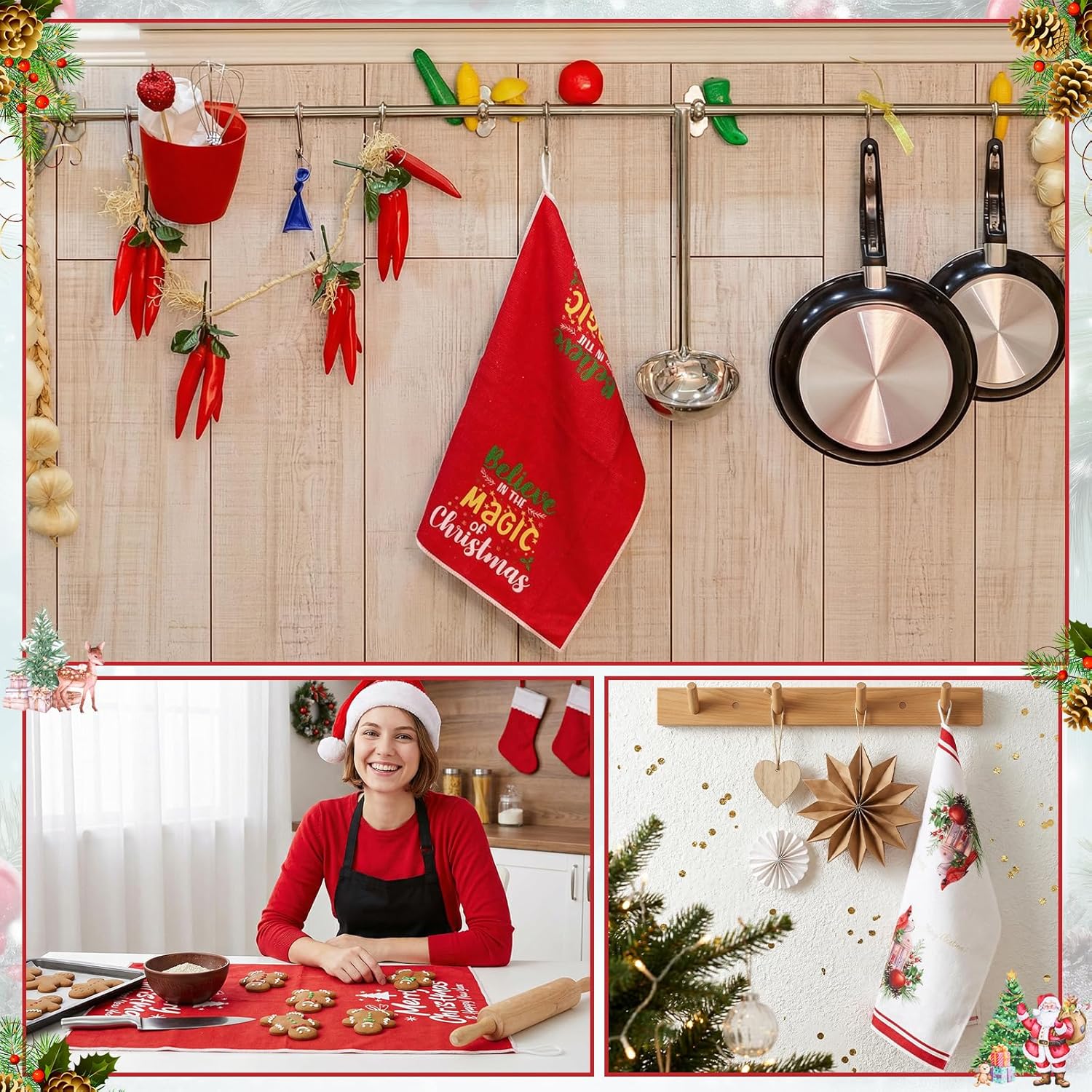 Lounsweer 6 Pcs Christmas Kitchen Towel Merry Christmas Tree Santa Snowman Bird Dishtowel Absorbent Xmas Hand Tea Towel for Holiday Bathroom Decoration Farmhouse Housewarming Gift, 15.8 x 23.6 Inch - Image 4